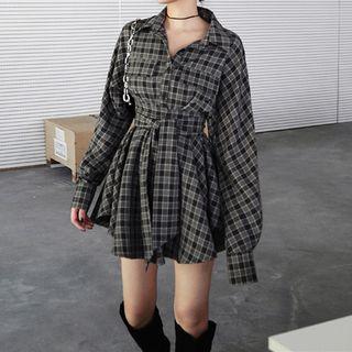 Long-sleeve Tie-waist Plaid Mini A-line Shirtdress