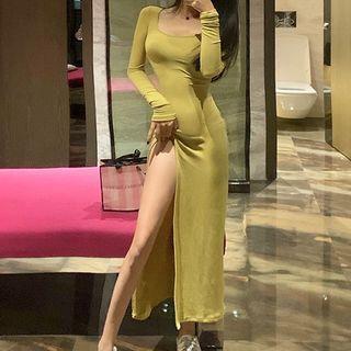 Long-sleeve Slitted Midi Dress