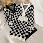 Long-sleeve Checkered Knit Sheath Dress