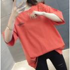 Elbow-sleeve Print Cutout T-shirt