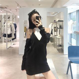 Set: Sleeveless Halter Top + Cutout-shoulder Mini Dress