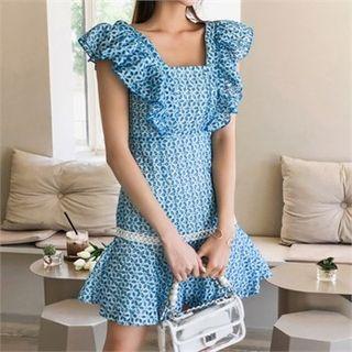 Ruffle-trim Eyelet-lace Minidress Blue - One Size
