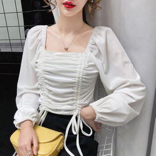 Square-neck Drawstring Long-sleeve Top