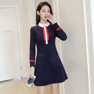 Long-sleeve Contrast-trim A-line Mini Dress