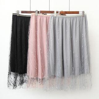 Sheer Beaded A-line Midi Skirt