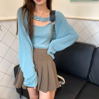 Set: Long-sleeve Loose-fit Knit Cardigan + Sleeveless Knit Top