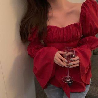 Square-neck Plain Slit Blouse Red - One Size