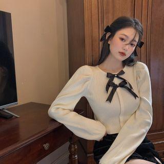 Puff-sleeve Bow Cropped Knit Top