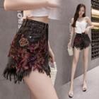 Flower Embroidered Fringed Hem Denim Hot Pants