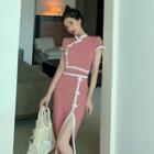 Short-sleeve Lace Trim Slit Midi Dress
