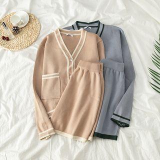 Set: Contrast Trim V-neck Cardigan + Shorts