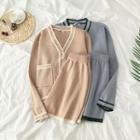 Set: Contrast Trim V-neck Cardigan + Shorts