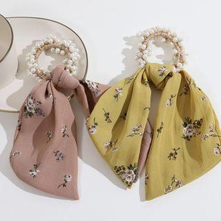 Faux Pearl Floral Print Bow Hair Tie
