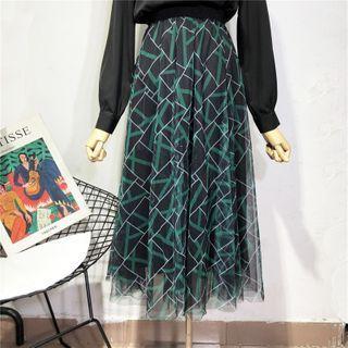 Patterned Mesh A-line Pleated Skirt