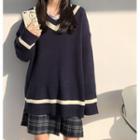 Long-sleeve V-neck Knit Sweater / Plaid A-line Mini Skirt