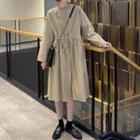 Long-sleeve Drawstring-waist Midi A-line Dress Khaki - One Size