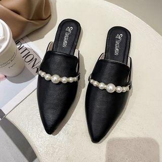 Pointy-toe Faux Pearl Flat Mules