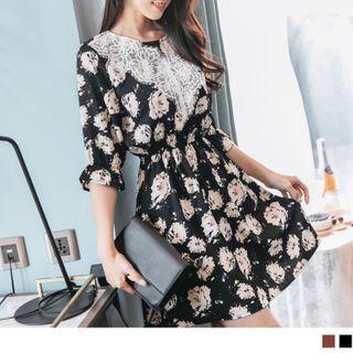 Floral Print Lace Panel 3/4 Sleeve A-line Dress