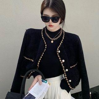 Contrast Trim Cropped Jacket / Mock Neck Top / A-line Skirt