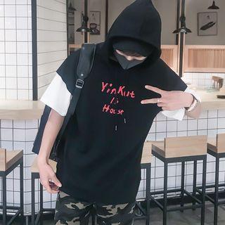 Short-sleeve Lettering Hooded Mock Two-piece T-shirt