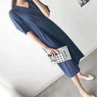 V-neck Linen Blend H-line Midi Dress