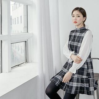 Color-block Pleated- Hem Plaid Dress