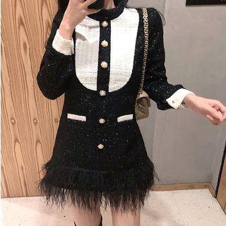Glitter Contrast Trim Long-sleeve Mini A-line Dress
