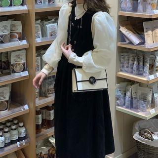 Puff-sleeve Plain Shirt / Sleeveless V-neck Midi Dress