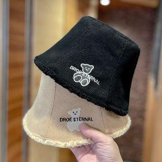 Bear Embroidered Corduroy Bucket Hat