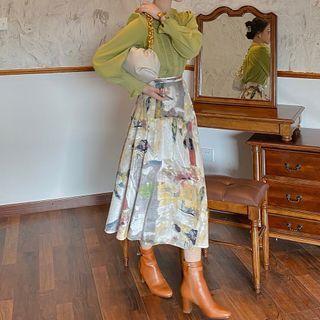 Printed Velvet Midi A-line Skirt