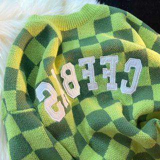 Lettering Embroidered Checkerboard Sweater