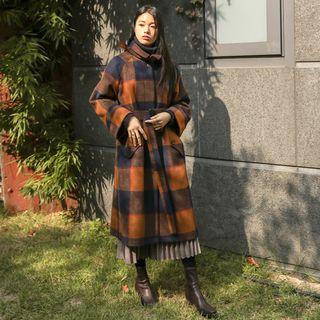Single-breasted Checked Coat With Belt Orange - One Size