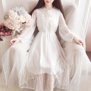 Long-sleeve Midi A-line Lace Dress White - One Size