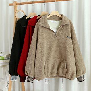 Mock-neck Faux Shearling Zip Loose-fit Sweatshirt