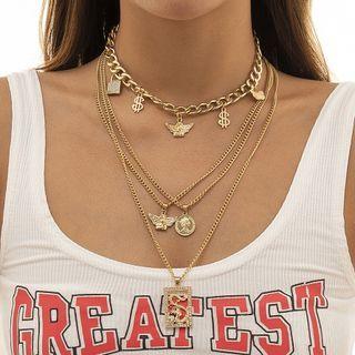 Set Of 4: Charm Choker + Pendant Necklace 0425 - Gold - One Size