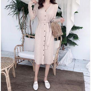 Long-sleeve Single-breasted Knit Dress