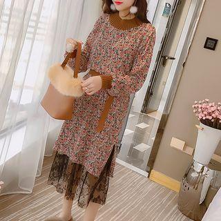 Long-sleeve Mock Two Piece Midi A-line Dress