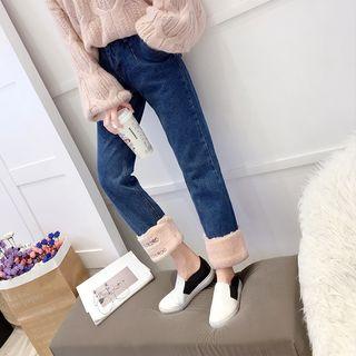 Letter Embroidered Fleece Lined Straight Cut Jeans