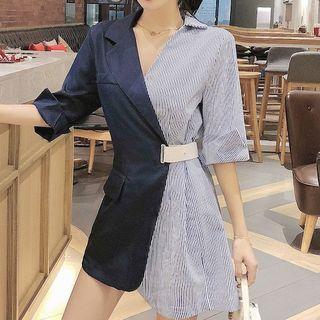 3/4-sleeve Asymmetric Striped Paneled A-line Mini Dress