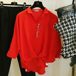 Plain V-neck Dip Back Shirt
