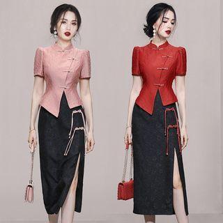 Set: Short-sleeve Asymmetrical Frog-button Blouse + Slit Midi Skirt