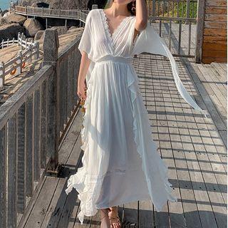 V-neck Lace Trim Open-back Midi A-line Dress