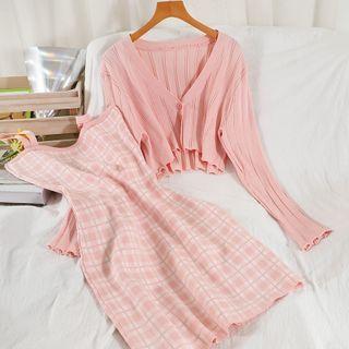 Set: Plain Cardigan + Plaid Spaghetti Strap Dress