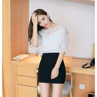 Set: Elbow-sleeve Top + Camisole Top + A-line Skirt