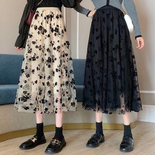Floral Print Mesh Pleated Skirt