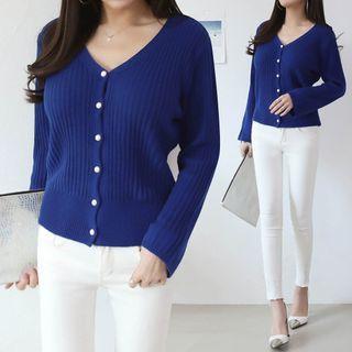 Faux-pearl Button Rib Knit Cardigan