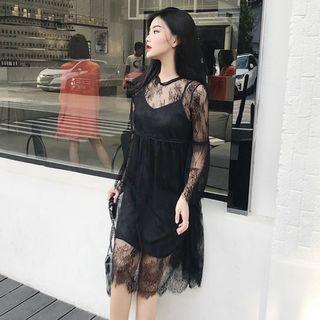 Set: Long-sleeve Midi Lace Dress + Spaghetti Strap Mini Dress