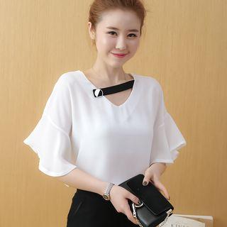 Strap Detail Elbow-sleeve Chiffon Top