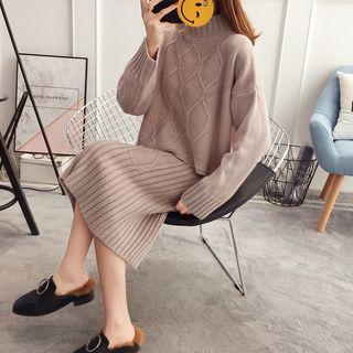 Set: Mock-neck Sweater + Back Slit Knit Skirt