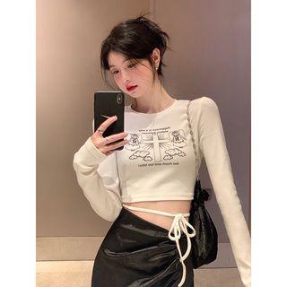Long-sleeve Cross Print Cropped T-shirt